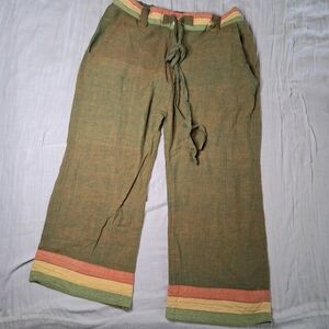 Casual Green Women's Pants with Multicolor Trim